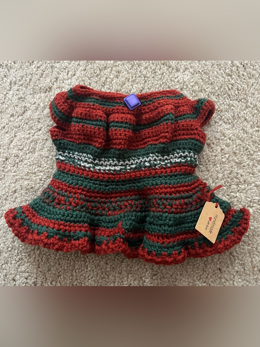 Hand-Crocheted Red & Green Doll Dress – Handmade Doll Outfit Size 10”